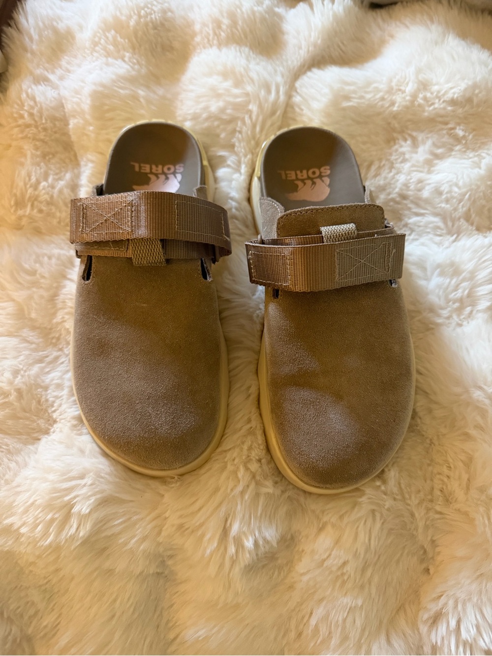 Sorel Kids Tan Suede Slip-On Clogs with Adjustable Strap
